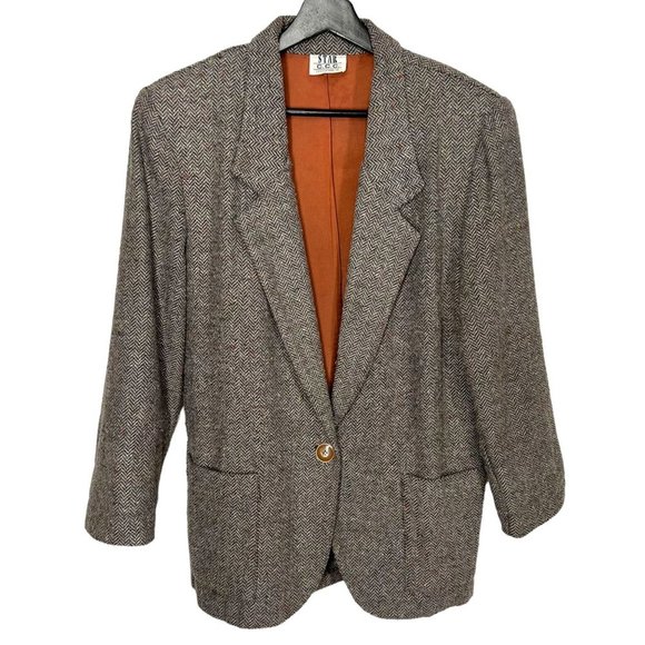 Vintage 90s Grey Wool Blend Micro Herringbone Pattern Single Button Blazer Mediu - Picture 1 of 10